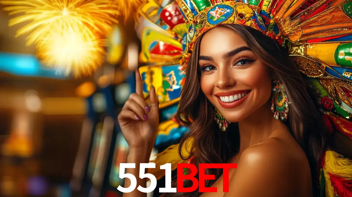 Mulher sorridente com um cocar de carnaval vibrante e colorido, celebrando uma grande vitória nos jogos do cassino 551BET com fogos de artifício ao fundo.