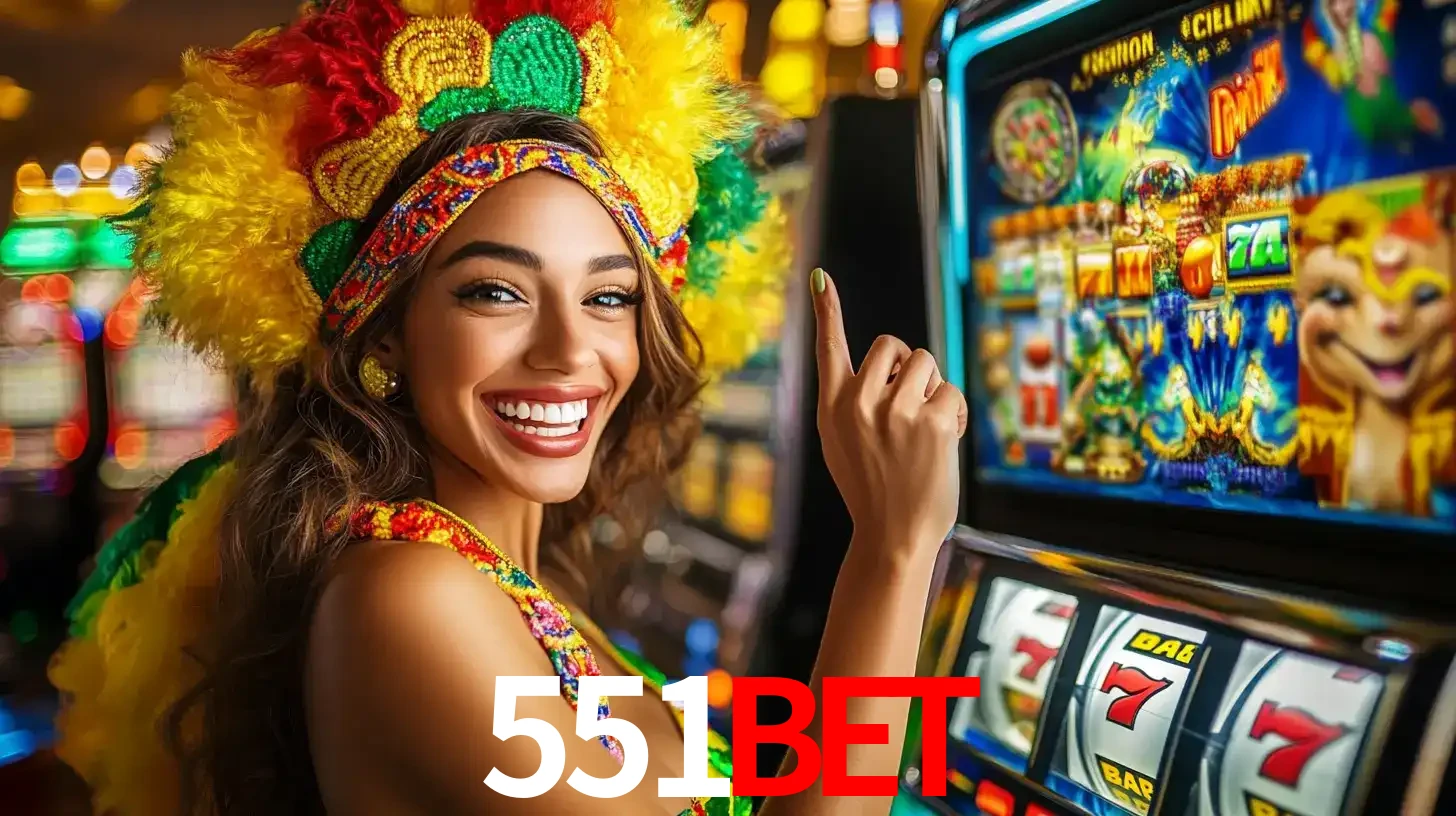 Mulher animada com um cocar de carnaval apontando para uma máquina de caça-níqueis, mostrando a emoção de ganhar um grande prêmio nos jogos do 551BET.