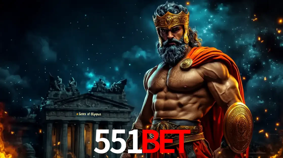 O poderoso Zeus do jogo de slot Gates of Olympus em frente ao seu templo, pronto para lançar multiplicadores divinos e prêmios épicos no cassino online 551BET.