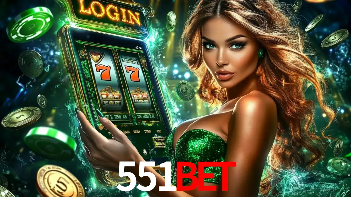 Mulher com tema verde apresentando o aplicativo do cassino 551BET com um jogo de slot de 777, cercada por fichas de cassino e uma aura de sorte.