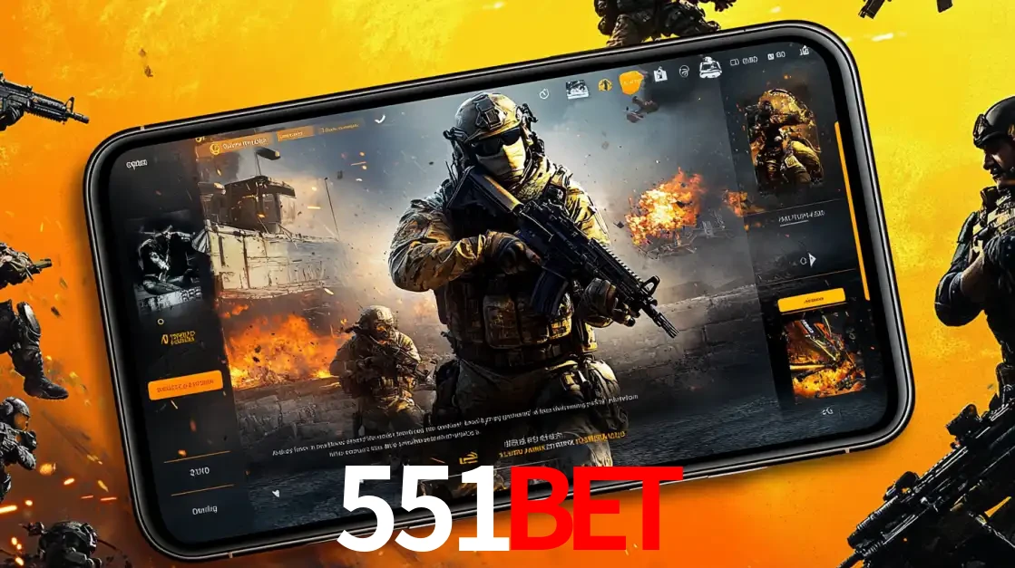 Um smartphone exibindo a interface de um jogo de tiro em primeira pessoa, com um soldado em um cenário de batalha, representando a ação dos e-sports para apostar no 551BET.