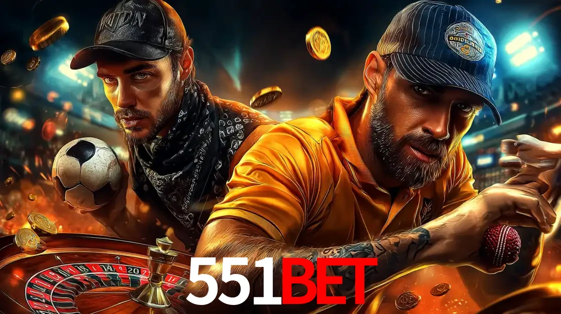 Montagem de apostas esportivas e cassino no 551BET, com um homem segurando uma bola de futebol e outro uma de beisebol sobre uma roleta e moedas voadoras.