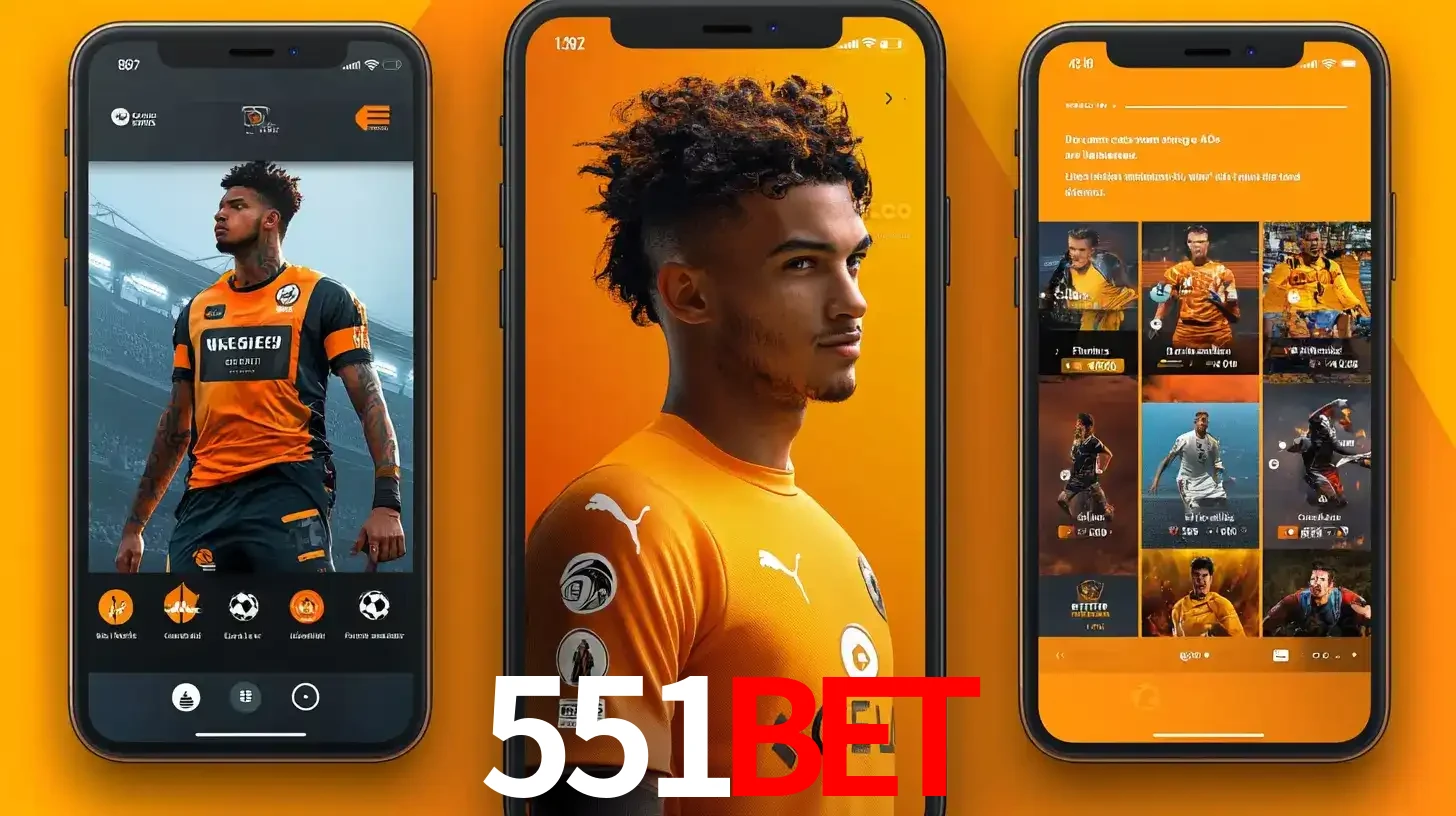 Interface do aplicativo de apostas esportivas 551BET em três telas de celular, mostrando o perfil de um jogador de futebol e a lista de jogos disponíveis para apostar.