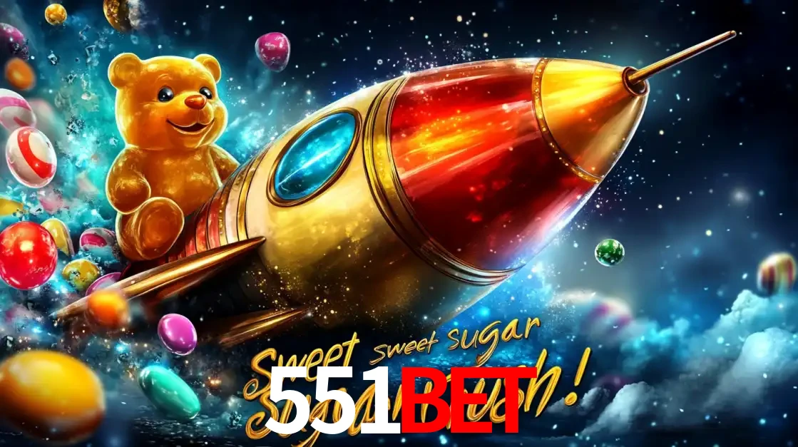 Arte promocional do jogo de slot Sugar Rush, com um urso de pelúcia em um foguete viajando pelo espaço de doces, um dos jogos divertidos disponíveis no cassino 551BET.