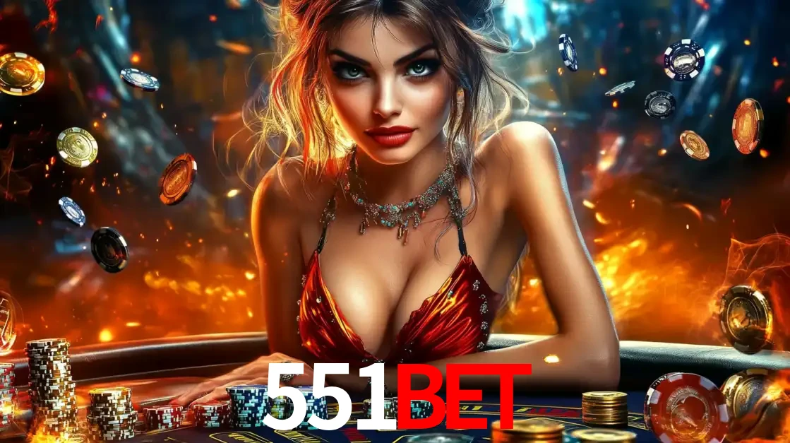 Mulher em uma mesa de cassino com pilhas de fichas e um fundo de fogo, pronta para uma rodada de altas apostas nos jogos de mesa emocionantes do cassino 551BET.