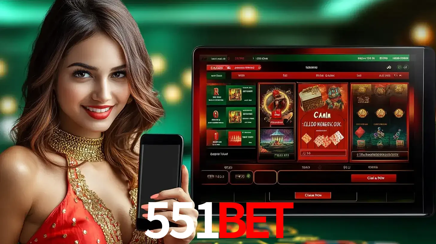 Mulher sorridente segurando um smartphone, ao lado de uma tela exibindo o lobby de jogos do cassino online 551BET, com várias opções de jogos de cartas e slots.